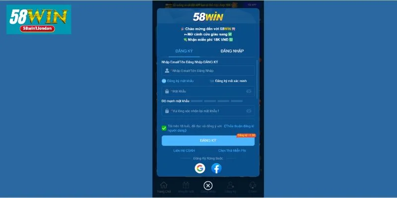 Thao tác đăng ký tài khoản chơi tại 58WIN được thực hiện hoàn toàn miễn phí.
